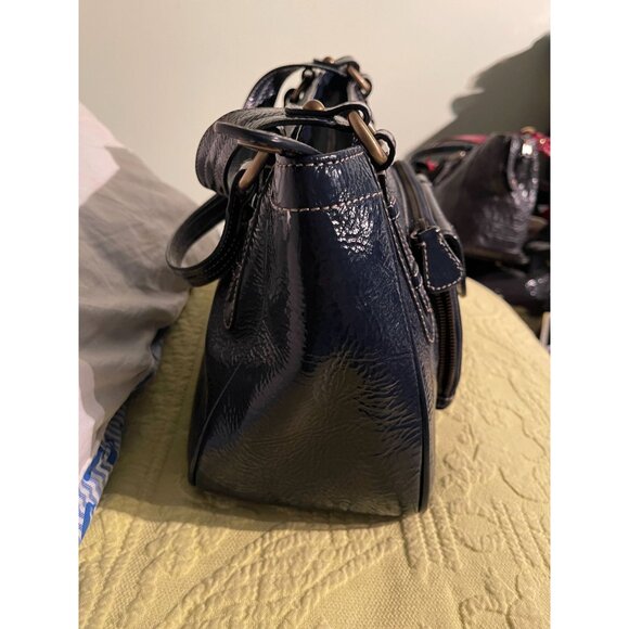 Perlina New York Navy Blue Faux Leather Shoulder Bag With Leopard Print Lining & - Picture 13 of 16